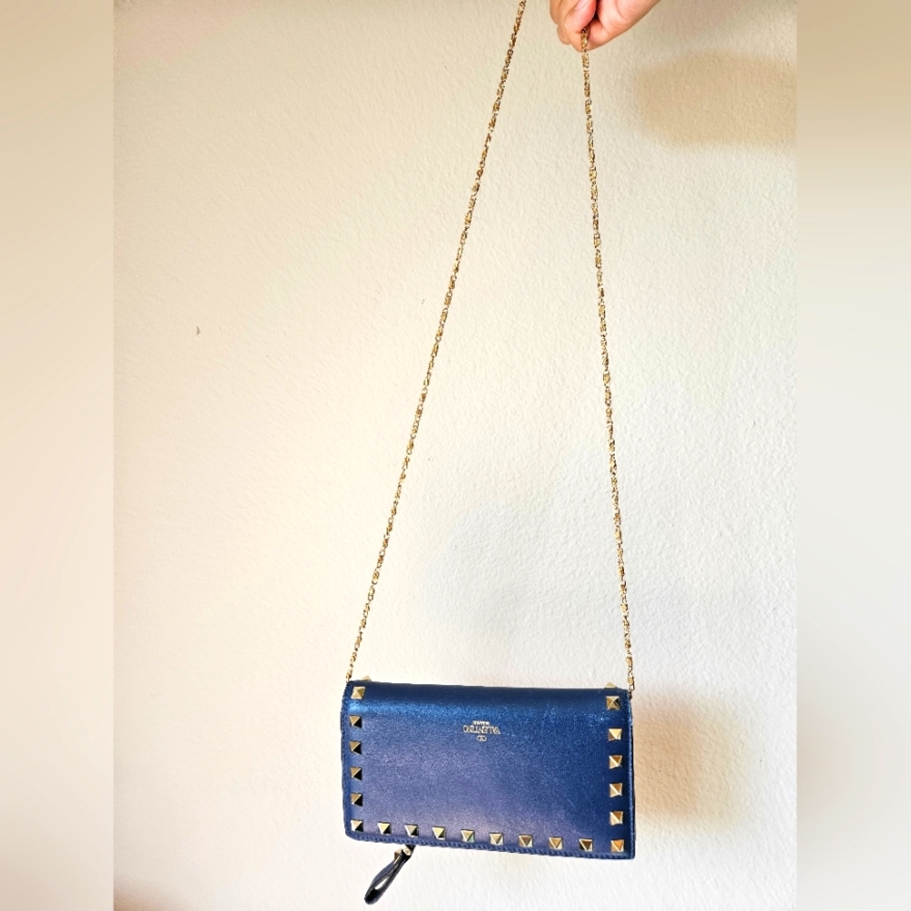 Valentino Rockstuds Mid Long CALFSKIN Leather Wallet Royal Blue Zip-Around - Picture 15 of 16